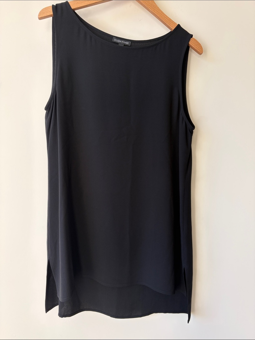 EILEEN FISHER Black Silk Georgette Bateau Neck Long Shell Tank Women’s Medium